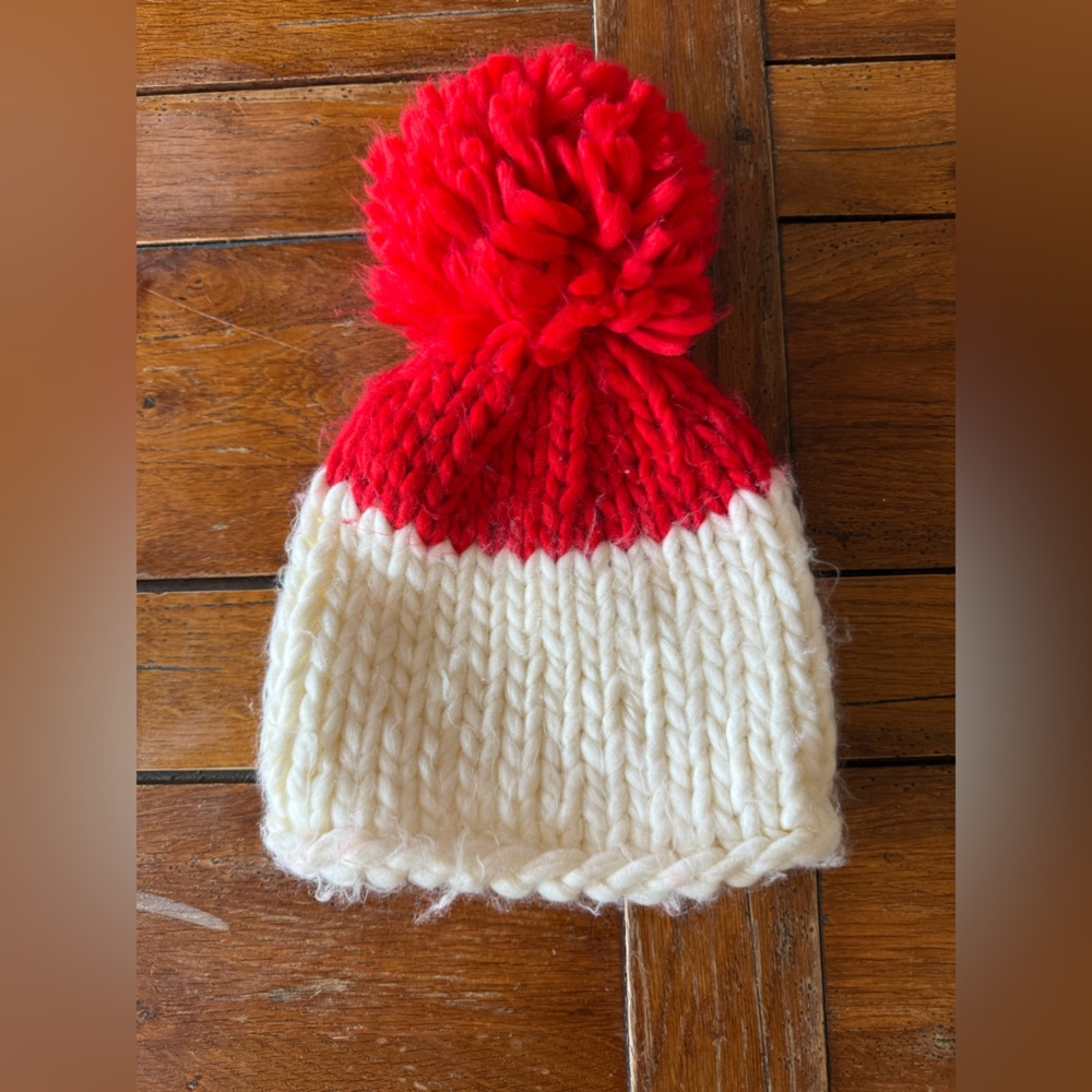 Free People Red and Cream Pom-Pom Hat
